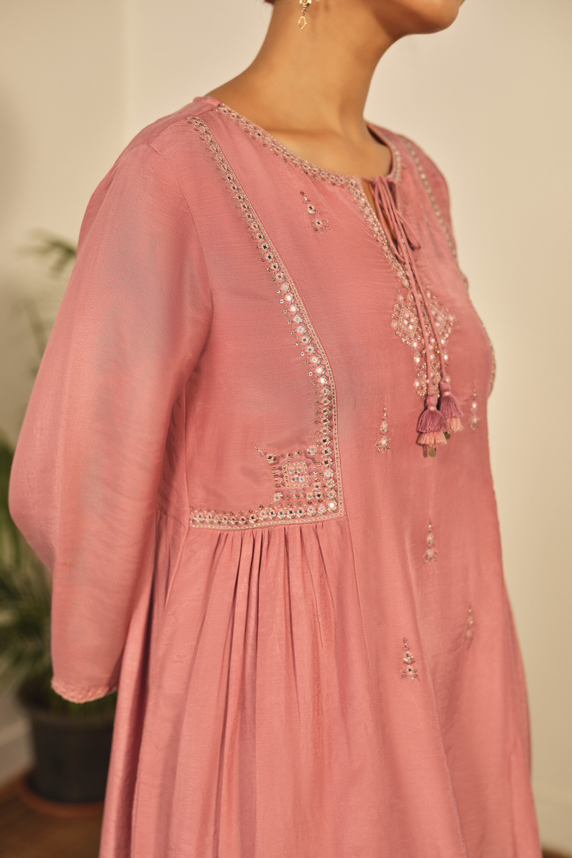 Embroidered A-line Kurta in Pink, Pink, image 2